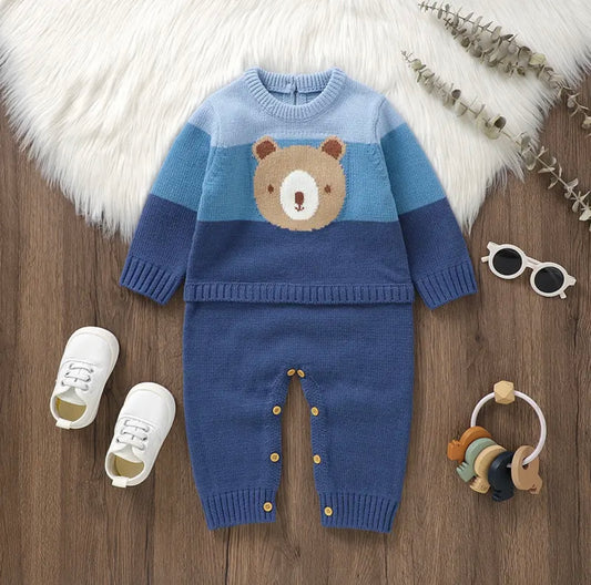 Blue Knitted Teddy Bear Romper