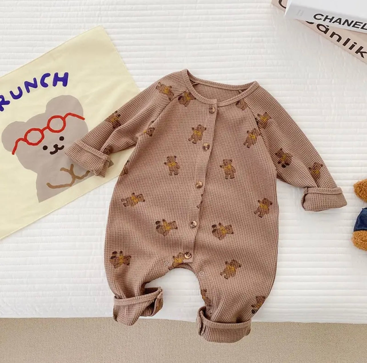 Cotton Waffle Teddy Bear Romper