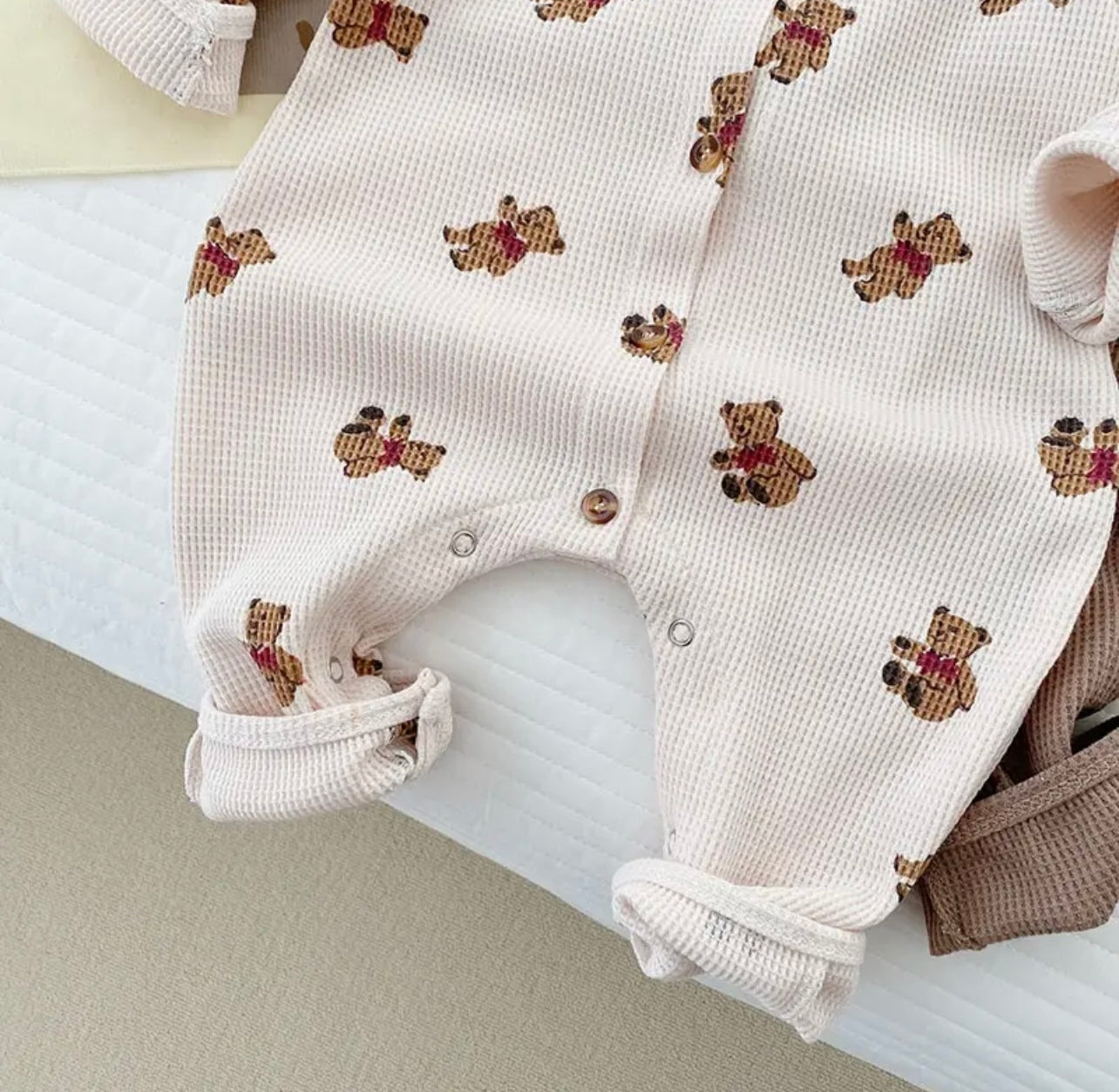 Cotton Waffle Teddy Bear Romper